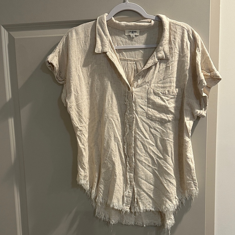 Umgee Cream Frayed Hem Button-Down Shirt